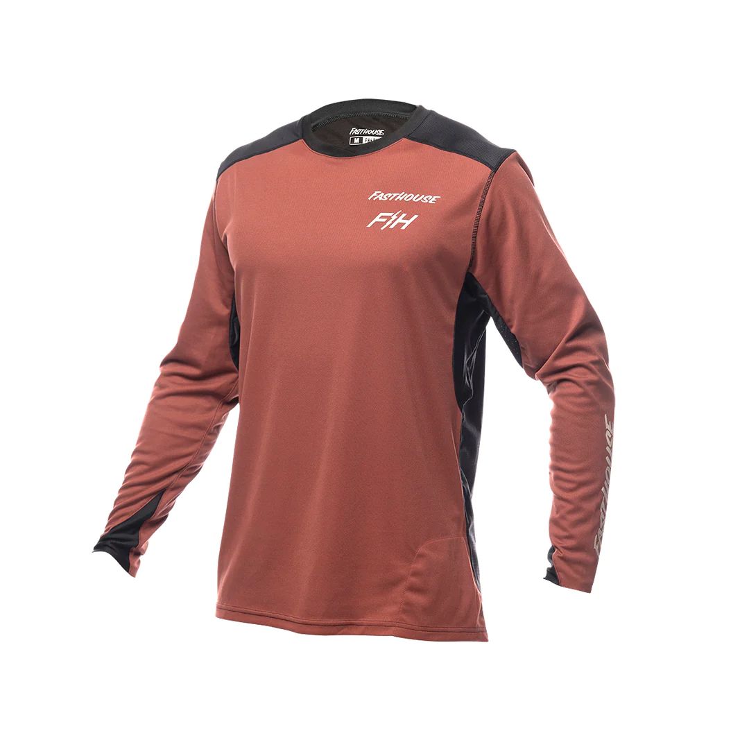Youth long-sleeve motocross jersey in clay and black, with white chest text