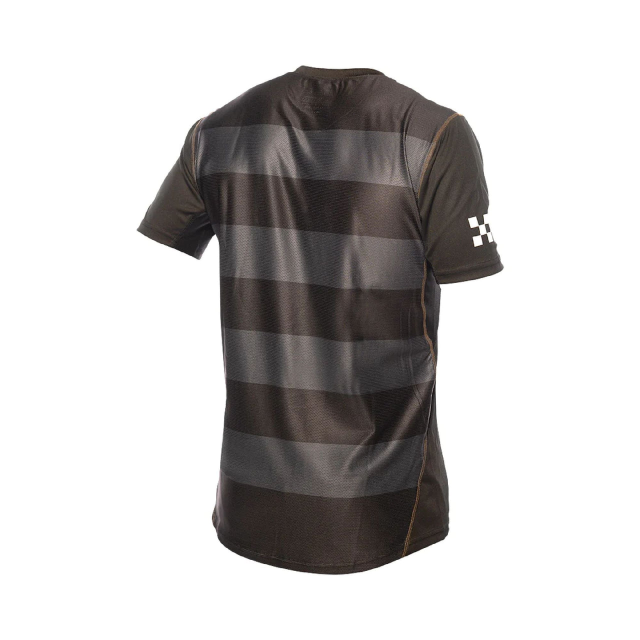 Youth short-sleeve jersey, dark with gray stripe panels on the back