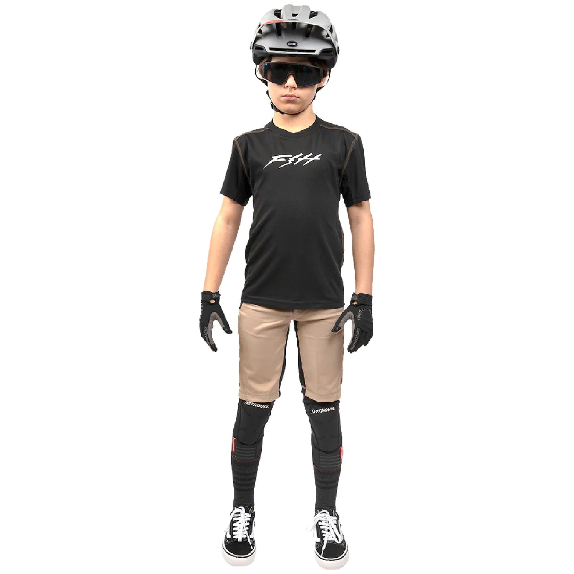 Youth short-sleeve jersey, black front with white logo; crew neck and short sleeves