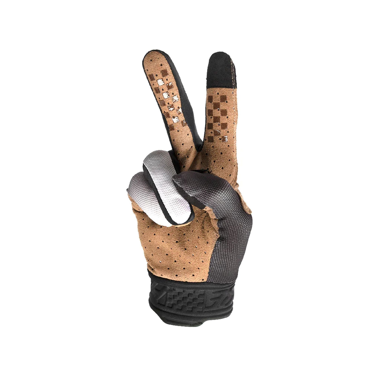 Youth motocross glove, tan perforated palm with black fingertips and speckled detail