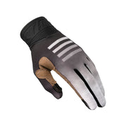 Youth motocross glove, angled view: gray palm with white stripes and tan finger pads