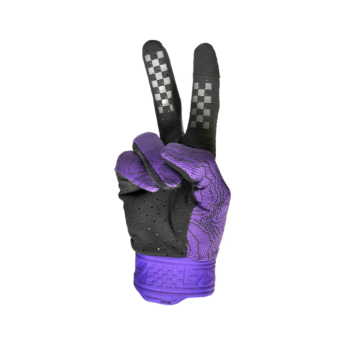 Purple youth motorcycle glove with checkered knuckle pads and padded back