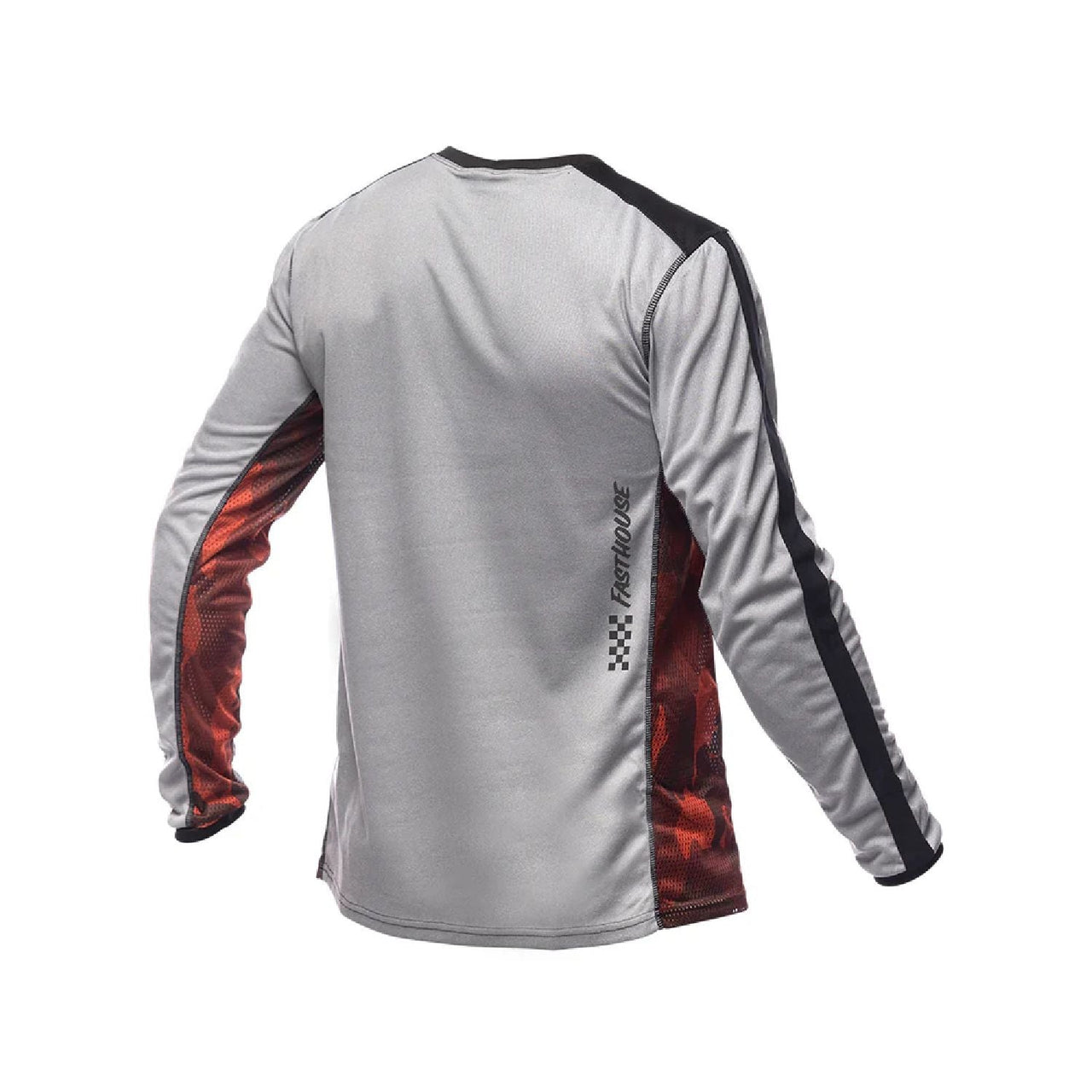 Youth long-sleeve riding jersey in heather gray with red side panels and black accents
