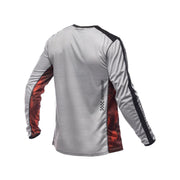 Youth long-sleeve riding jersey in heather gray with red side panels and black accents