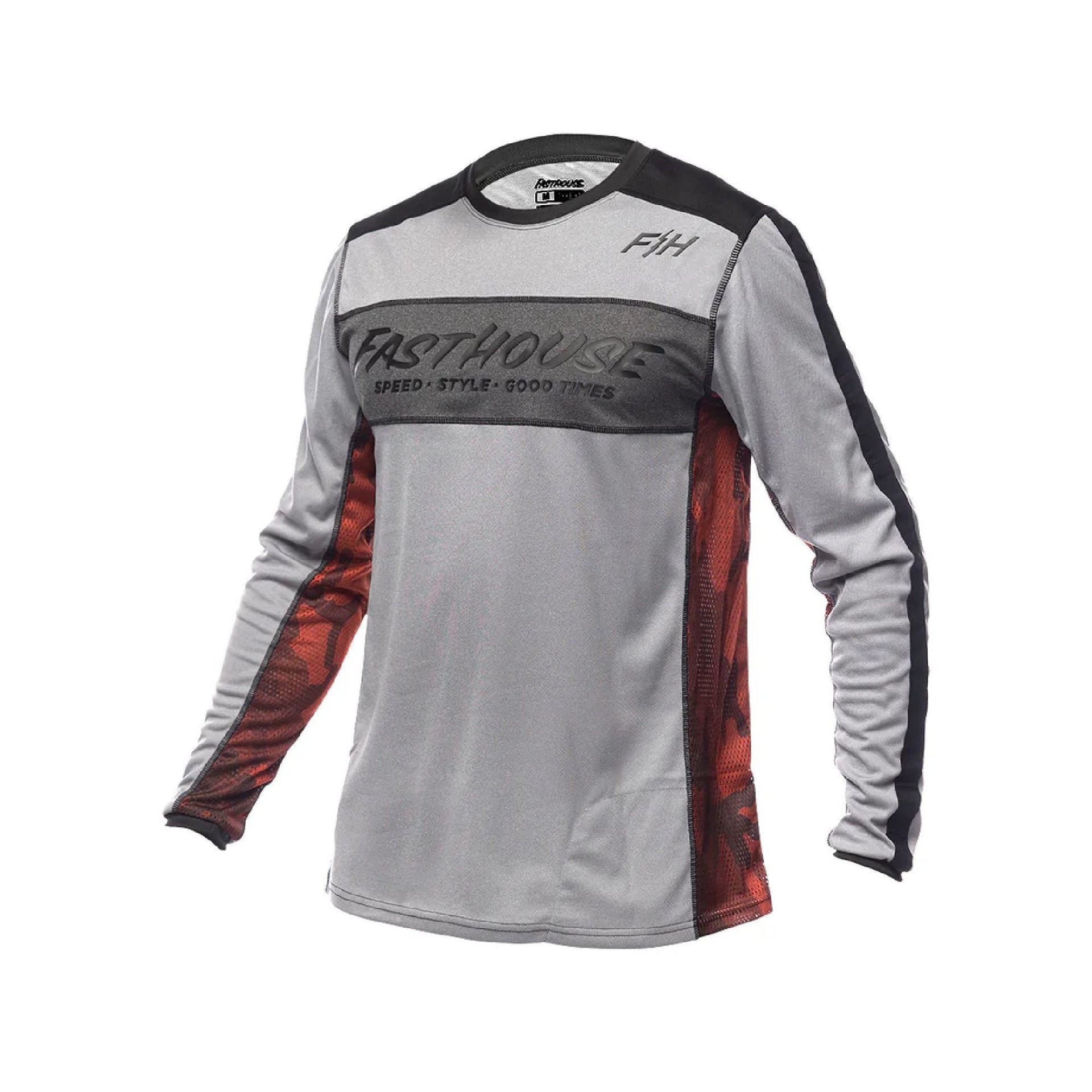 Youth long-sleeve riding jersey in light gray with FASTHOUSE chest logo and red side panels