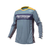Youth long-sleeve riding jersey in heather blue with dark panels and FASTHOUSE graphic