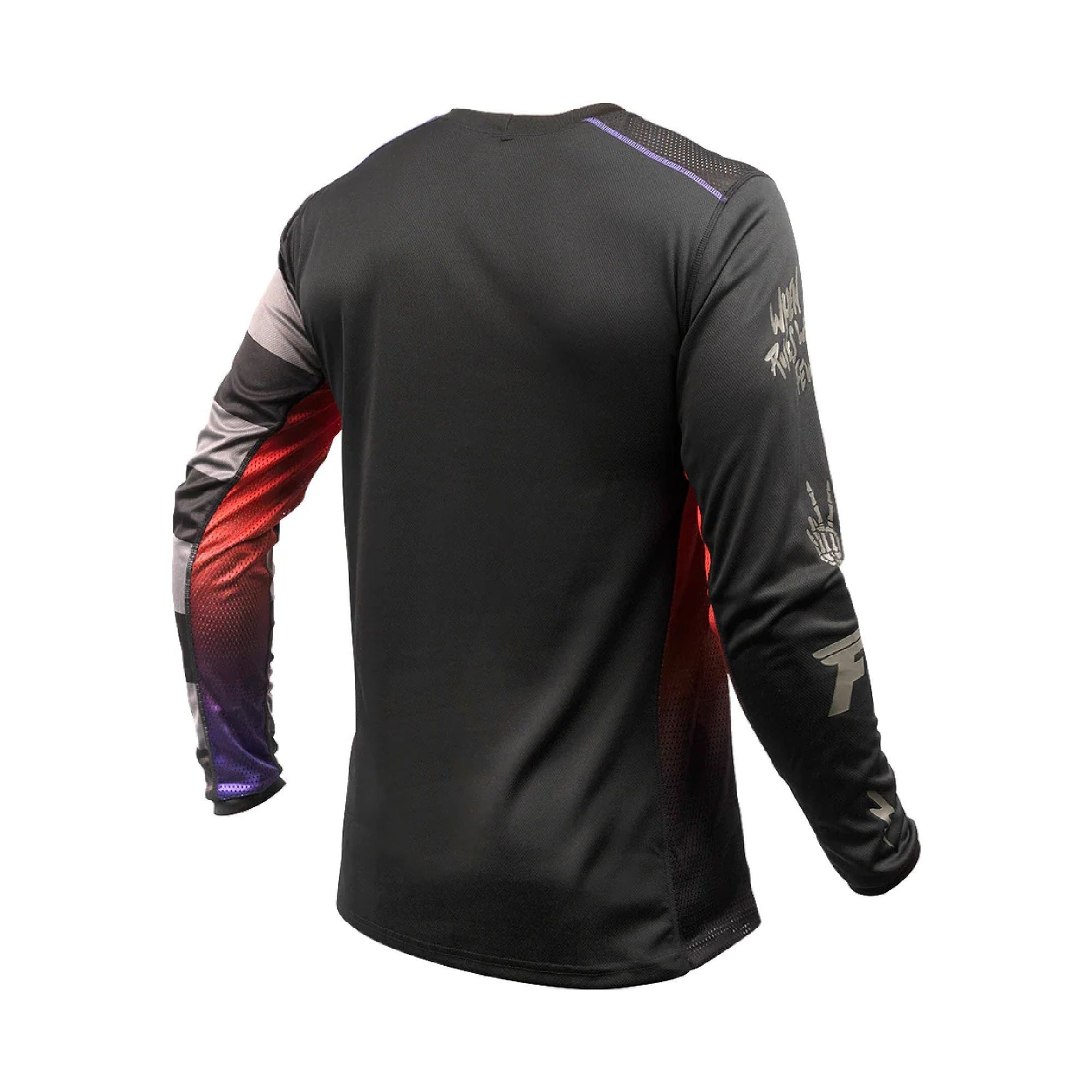 Youth black long-sleeve motocross jersey, back view, flame side panels and logos