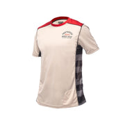Youth short-sleeve jersey in cream with red collar and black side panel, front logo