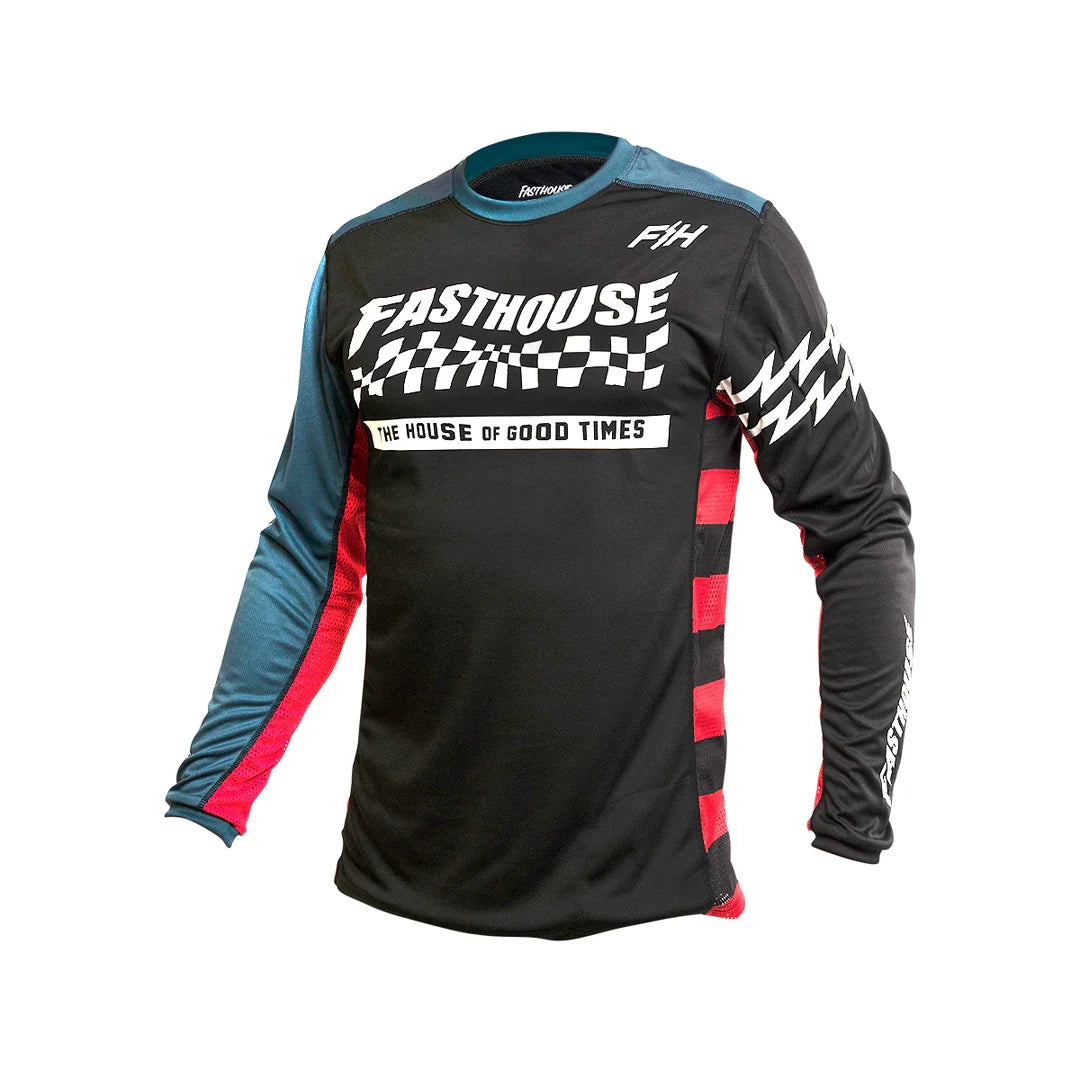 Youth long-sleeve motocross jersey in black with teal sleeves and red side panels