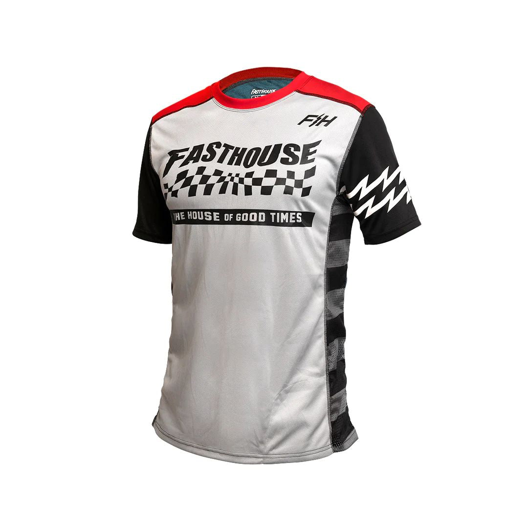 Youth motocross jersey, gray body, black sleeves, red crew collar.