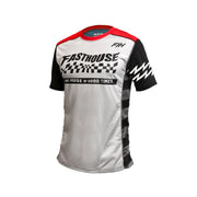 Youth motocross jersey, gray body, black sleeves, red crew collar.