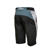 Youth riding shorts, black with silver panels and teal waistband trim