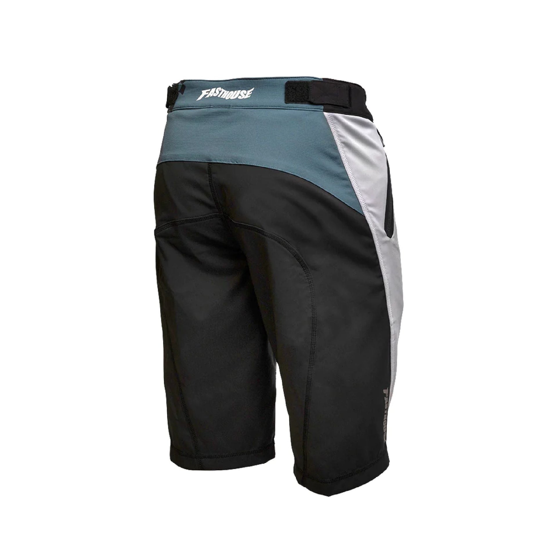 Youth riding shorts, black with silver panels and teal waistband trim