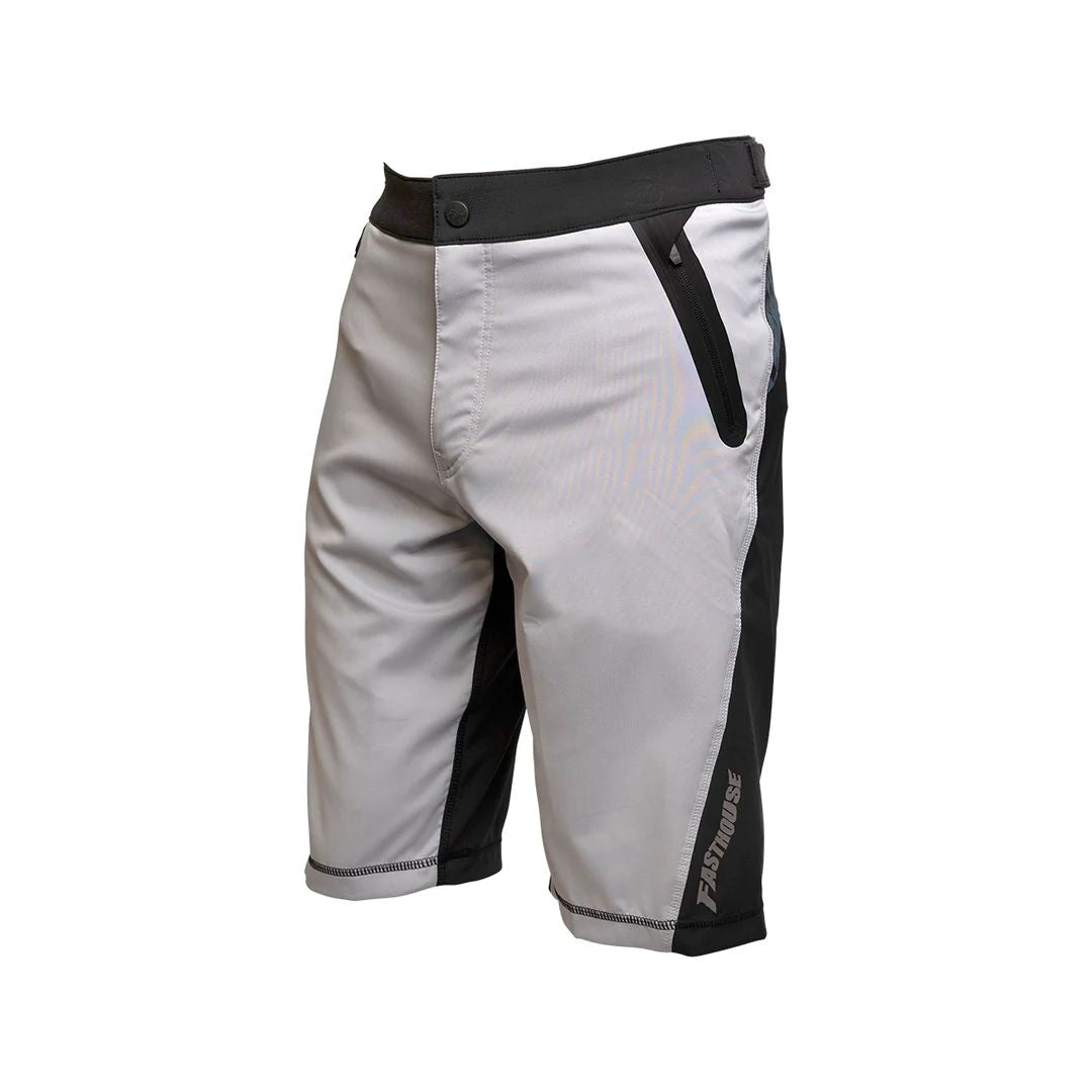 Youth riding shorts in silver with black side panels and adjustable waist strap