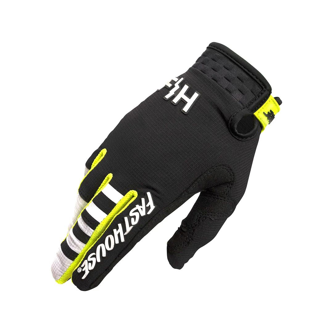 Youth motocross glove, black fabric with white panels and neon yellow accents