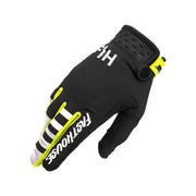 Youth motocross glove, black fabric with white panels and neon yellow accents