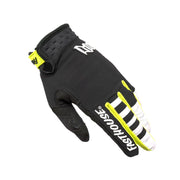 Youth motocross glove, black shell with white stripe graphic and neon yellow details