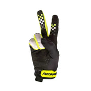 Youth motocross glove, black palm with neon yellow checker cuff and white graphic