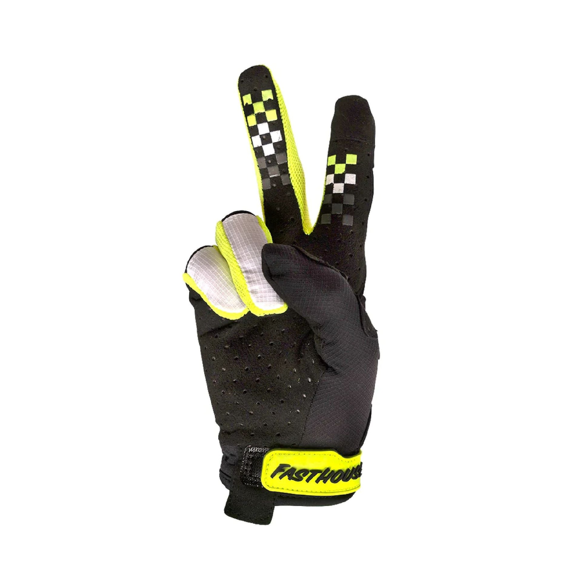 Youth motocross glove, black palm with neon yellow checker cuff and white graphic