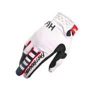 Youth motocross glove, white with black grip palm and red Fasthouse logo