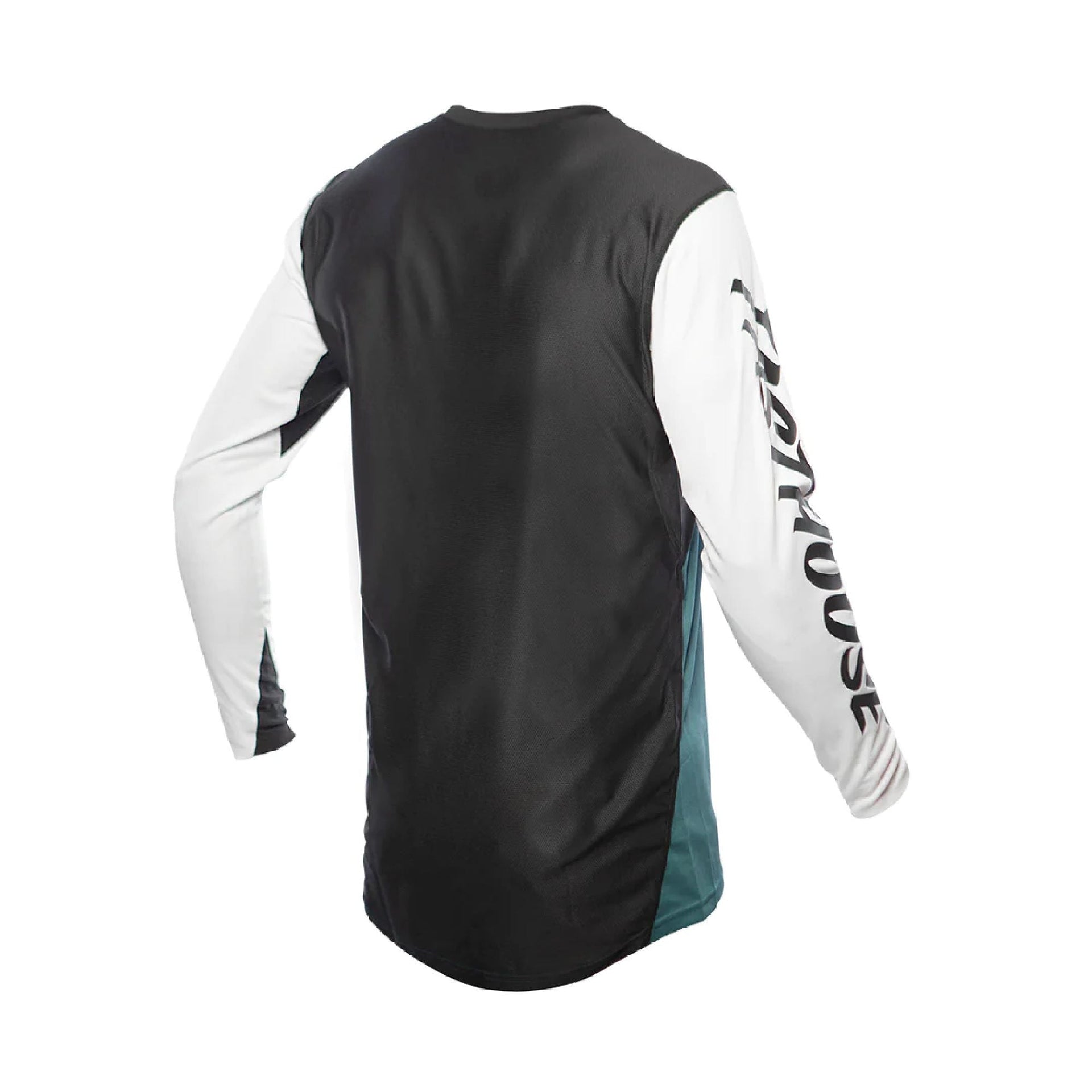 Youth motocross jersey back view, black panel with teal sides and white Fasthouse sleeves