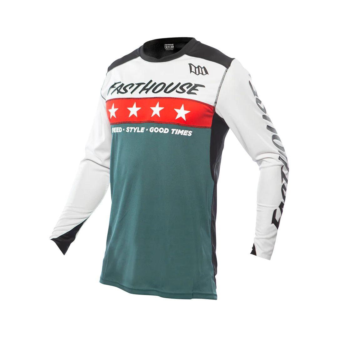 Youth motocross jersey with Fasthouse logo, teal body, red star panel, white sleeves