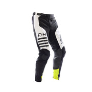 Youth riding pants side view, black with white stripes, F/H logo, neon yellow knee armor