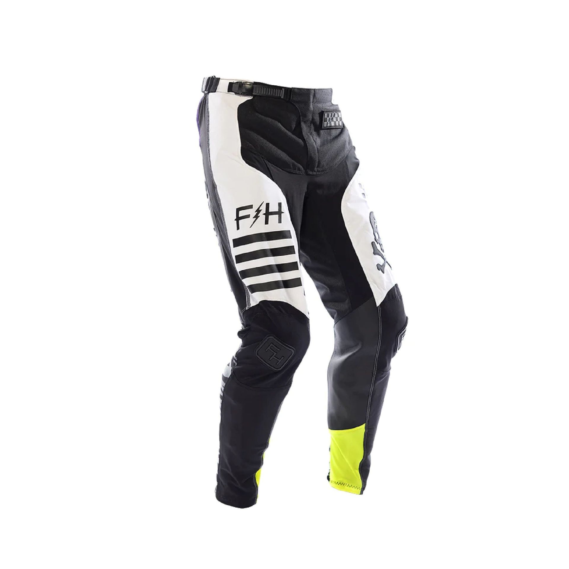 Youth riding pants side view, black with white stripes, F/H logo, neon yellow knee armor