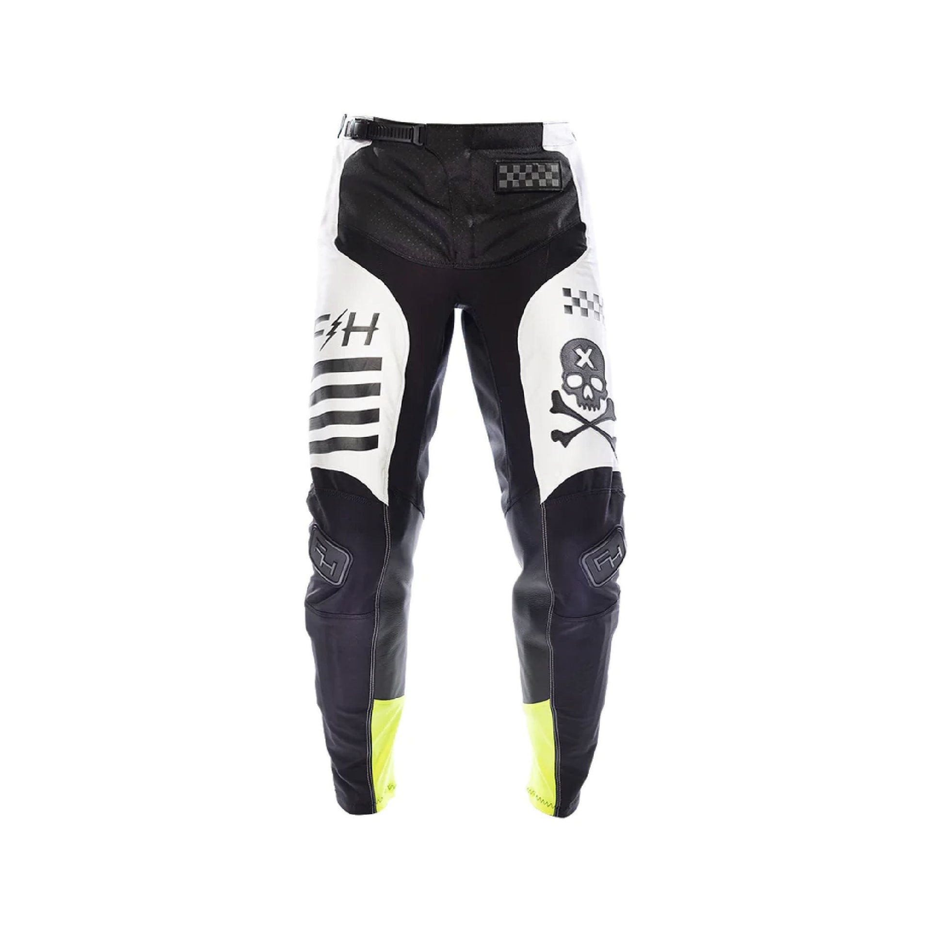 Youth riding pants, black with white panels, checkered waistband, skull graphic, neon yellow