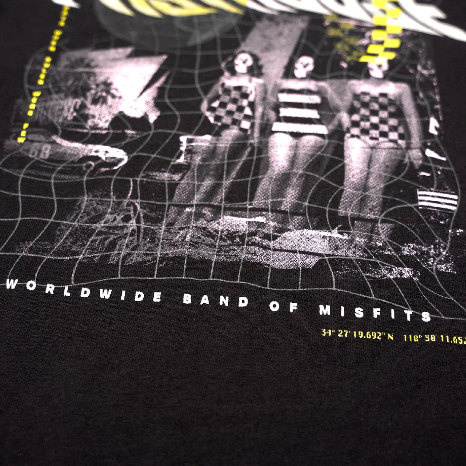 Black youth short-sleeve tee close-up of glitch artwork and band-of-misfits text