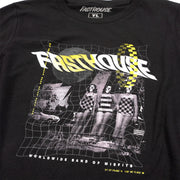Black youth short-sleeve graphic tee with large glitch typography photo collage
