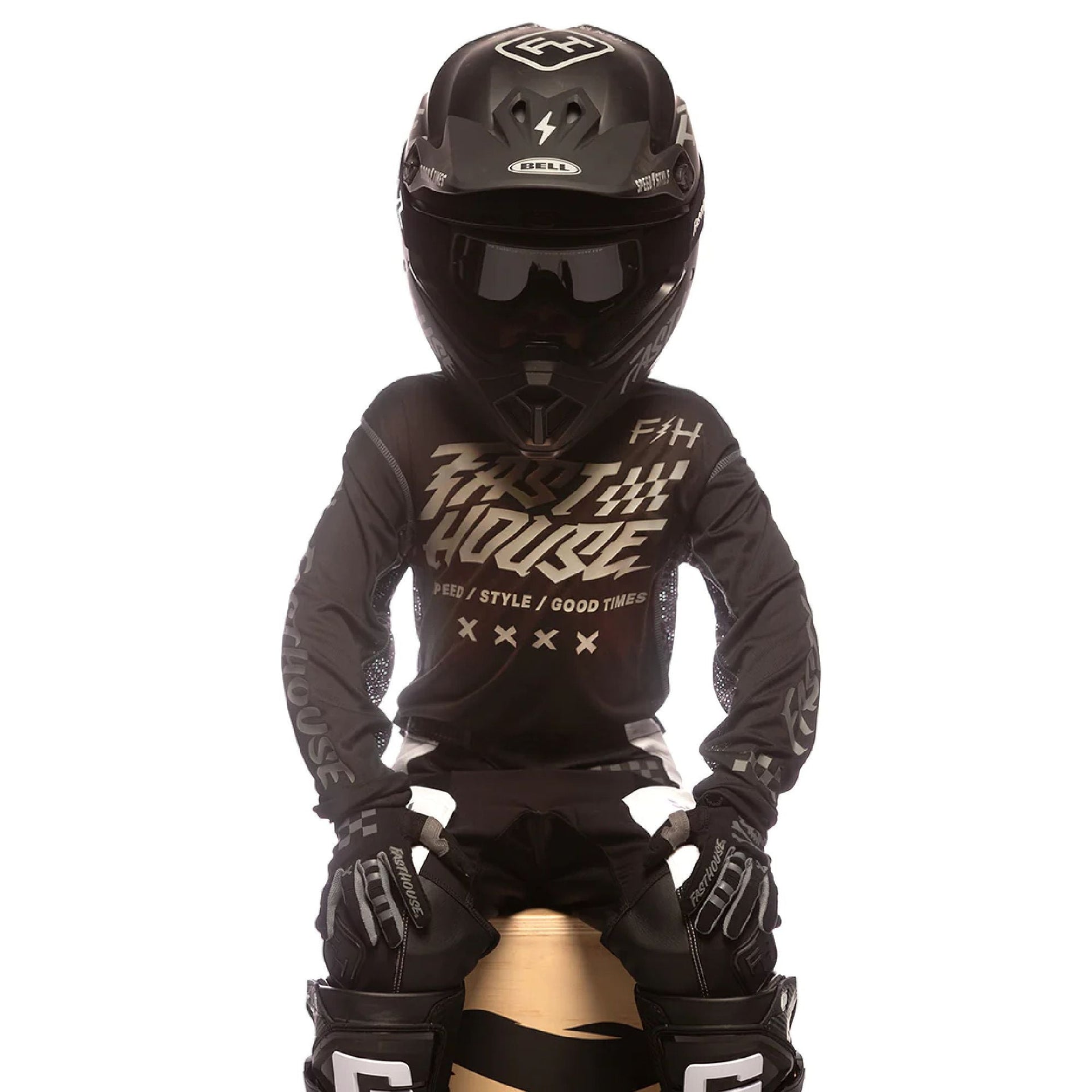 Black youth jersey with large gold and white graphic text, long sleeves