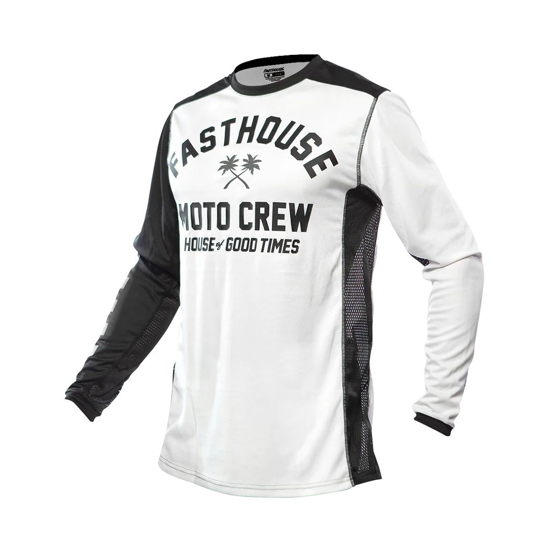 Youth motocross jersey, Fasthouse white with black sleeves and MOTO CREW front print