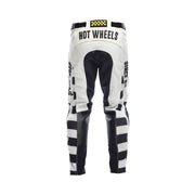 Kids motocross pants, white and black back view with Hot Wheels waistband text