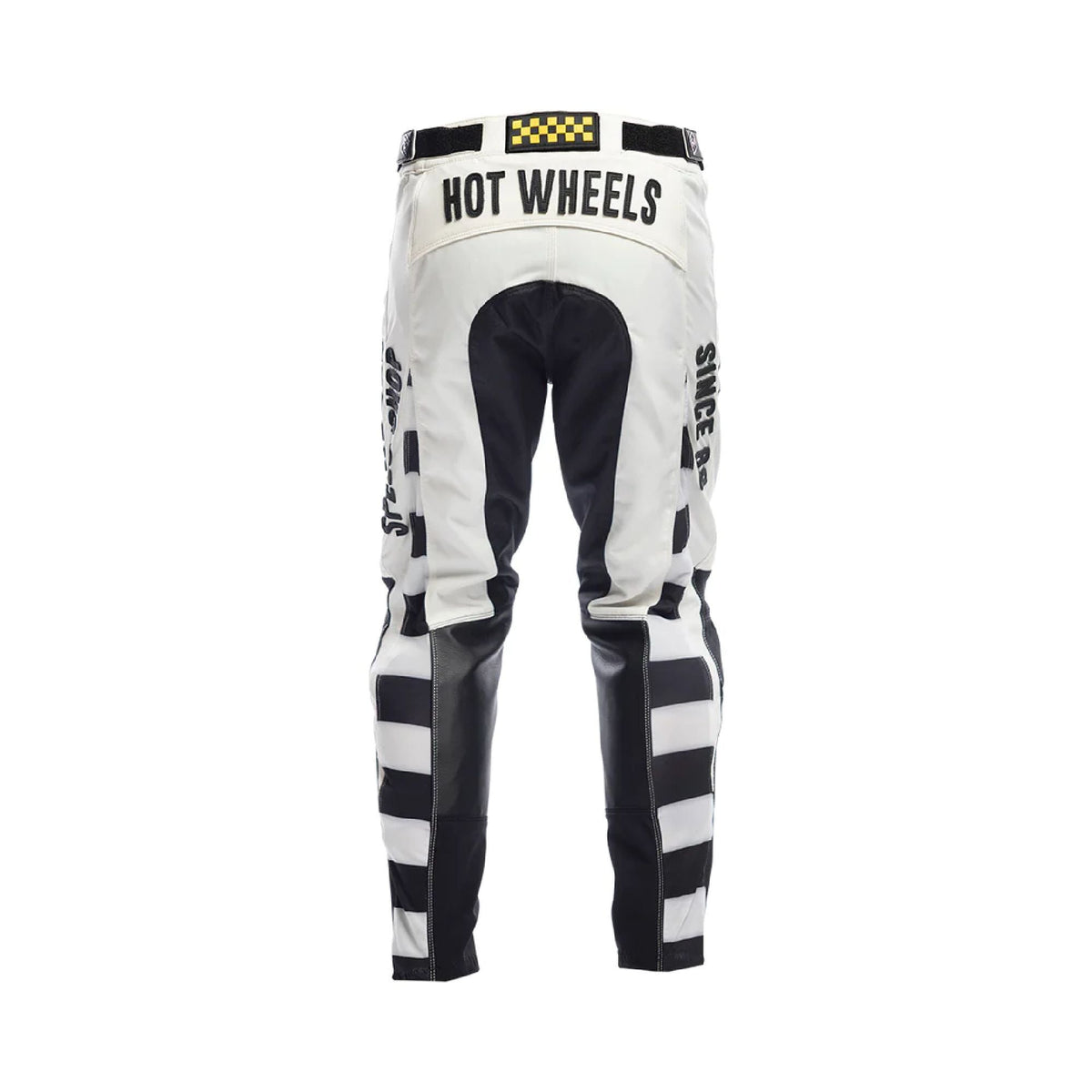 Kids motocross pants, white and black back view with Hot Wheels waistband text