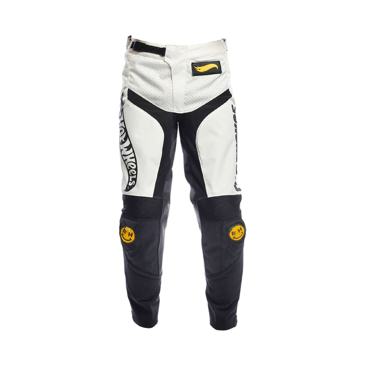 Kids motocross pants, white and black with Fasthouse logo and curved side graphics