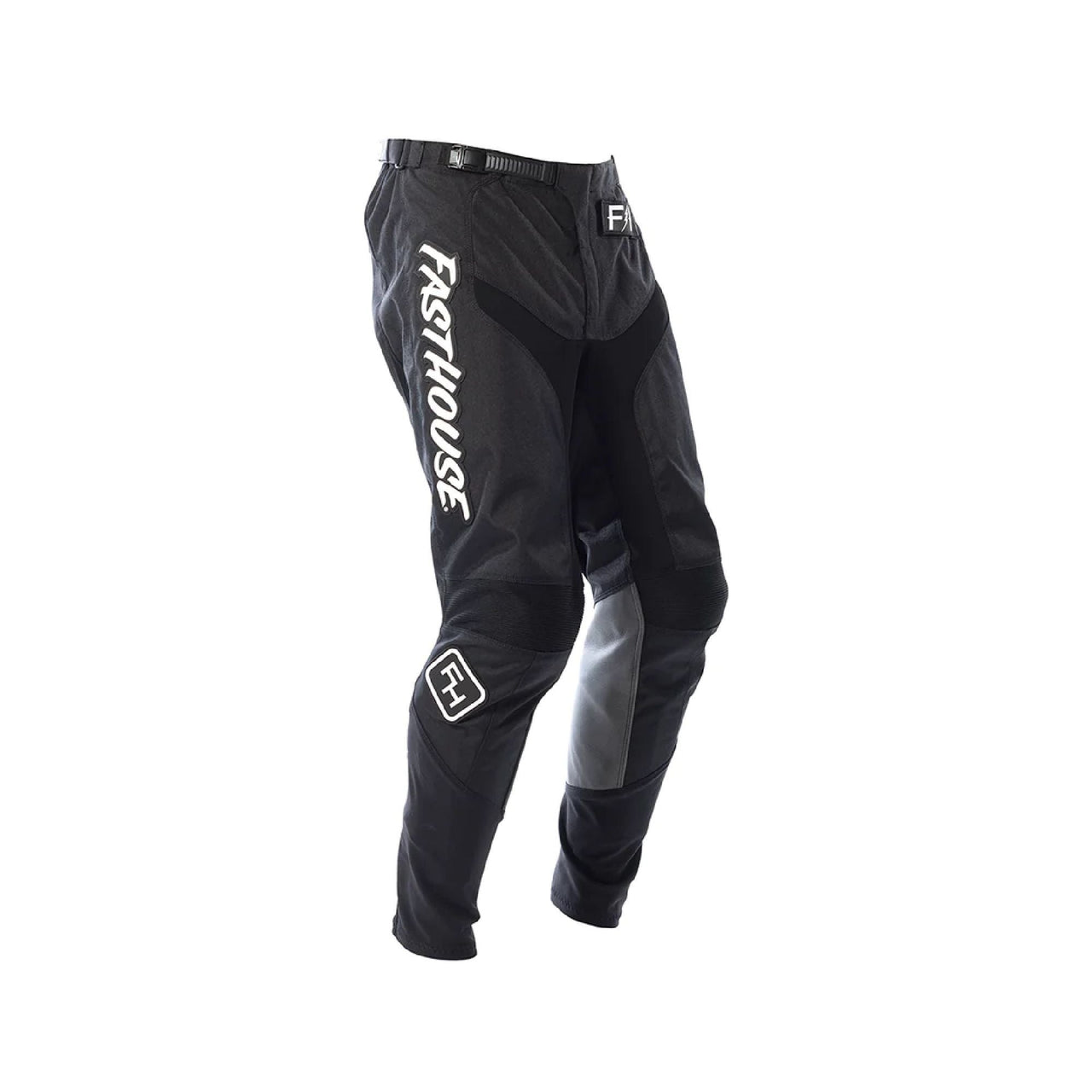 Youth motocross pants in black with white side panels and knee armor, Fasthouse logos.