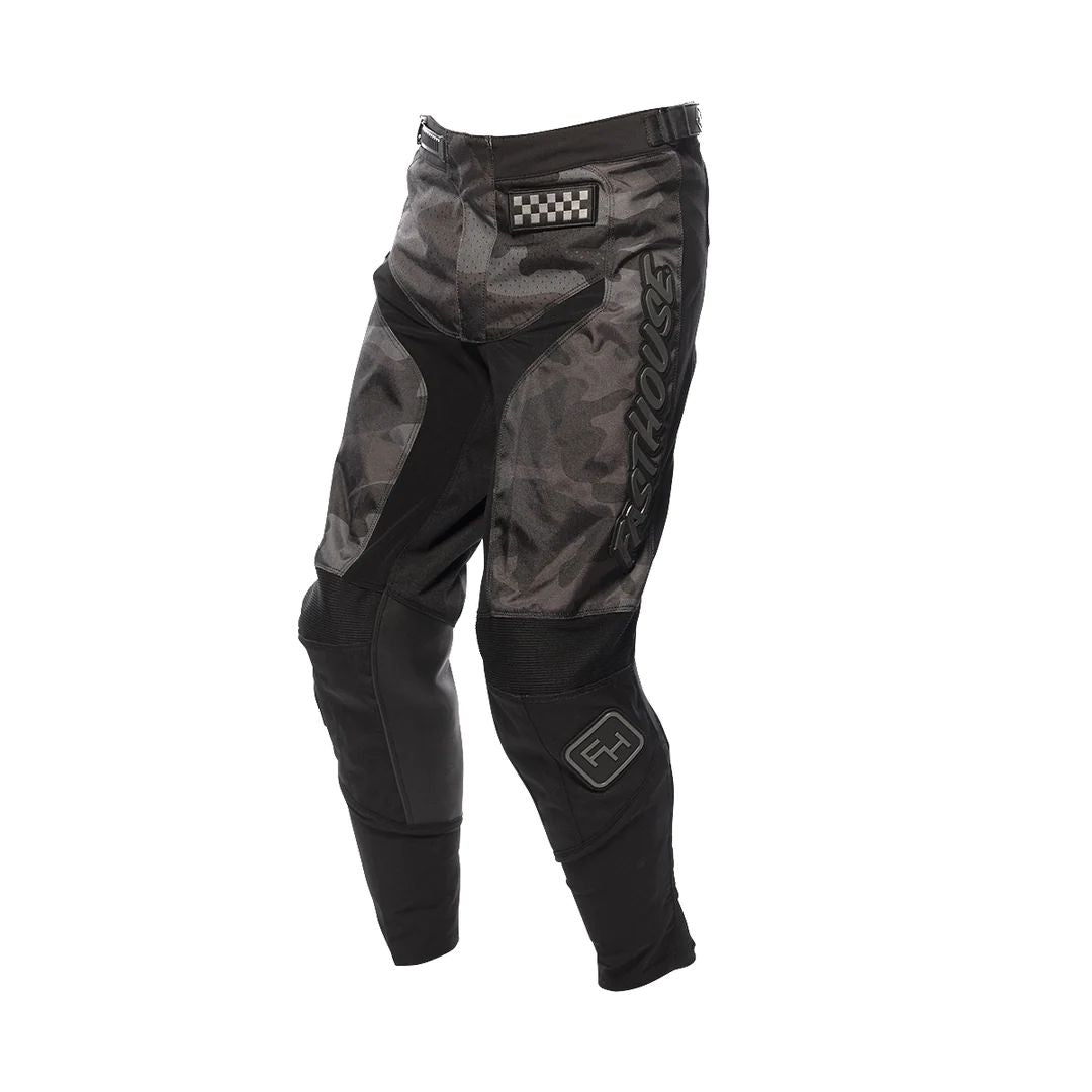 Youth motocross pants, dark camo with black knee and side protective patches