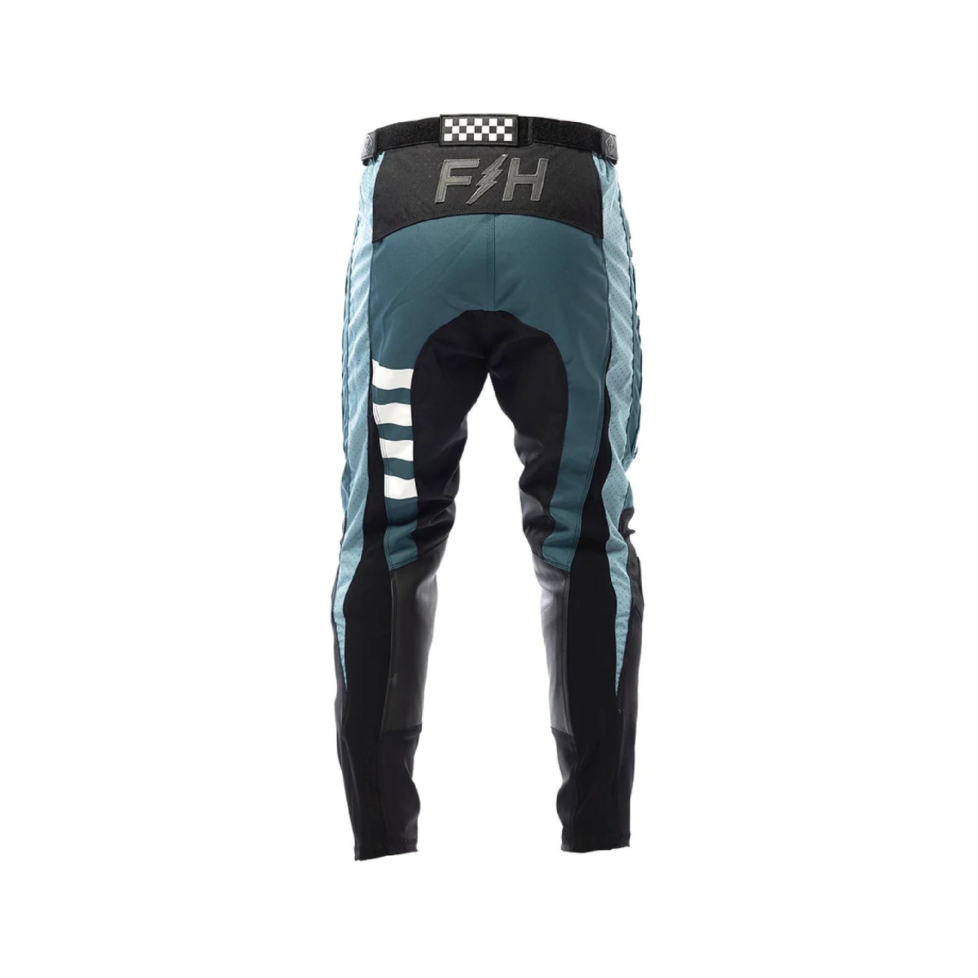 Youth motocross pants in teal with black sections, checkered waistband, Fasthouse logo.