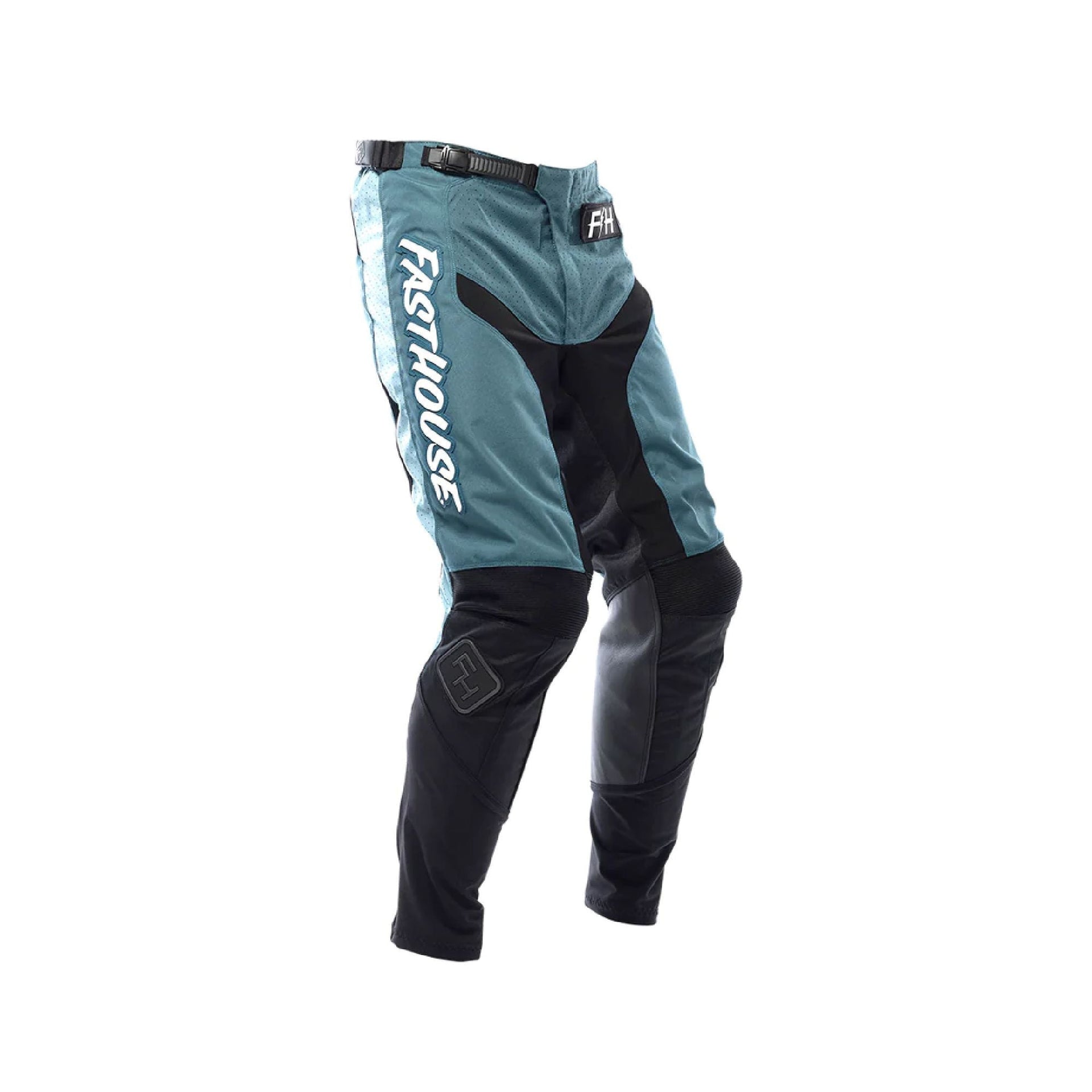 Youth motocross pants in teal and black with knee armor and side graphics, Fasthouse.