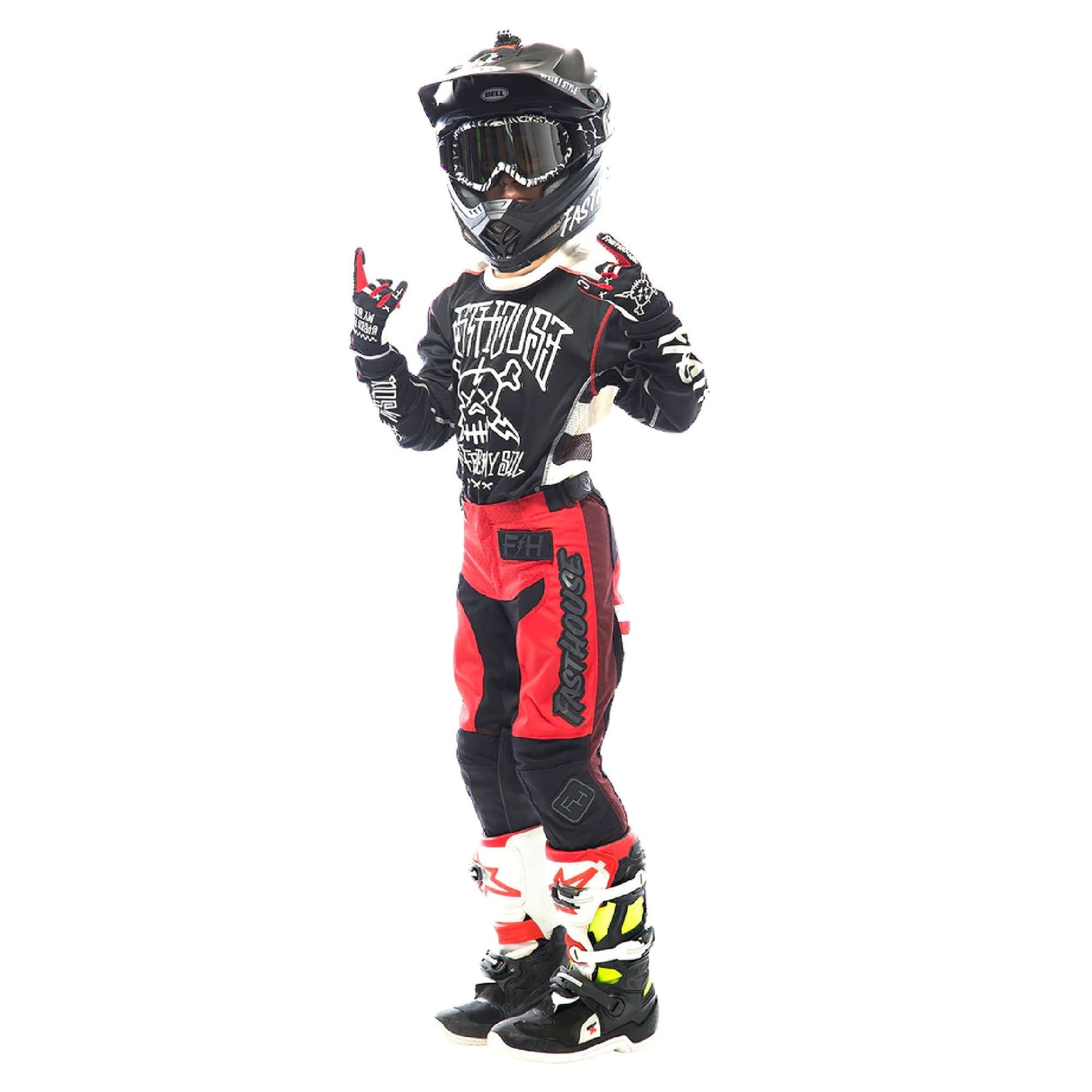 Youth motocross pants, black with red and white graphics and protective panels