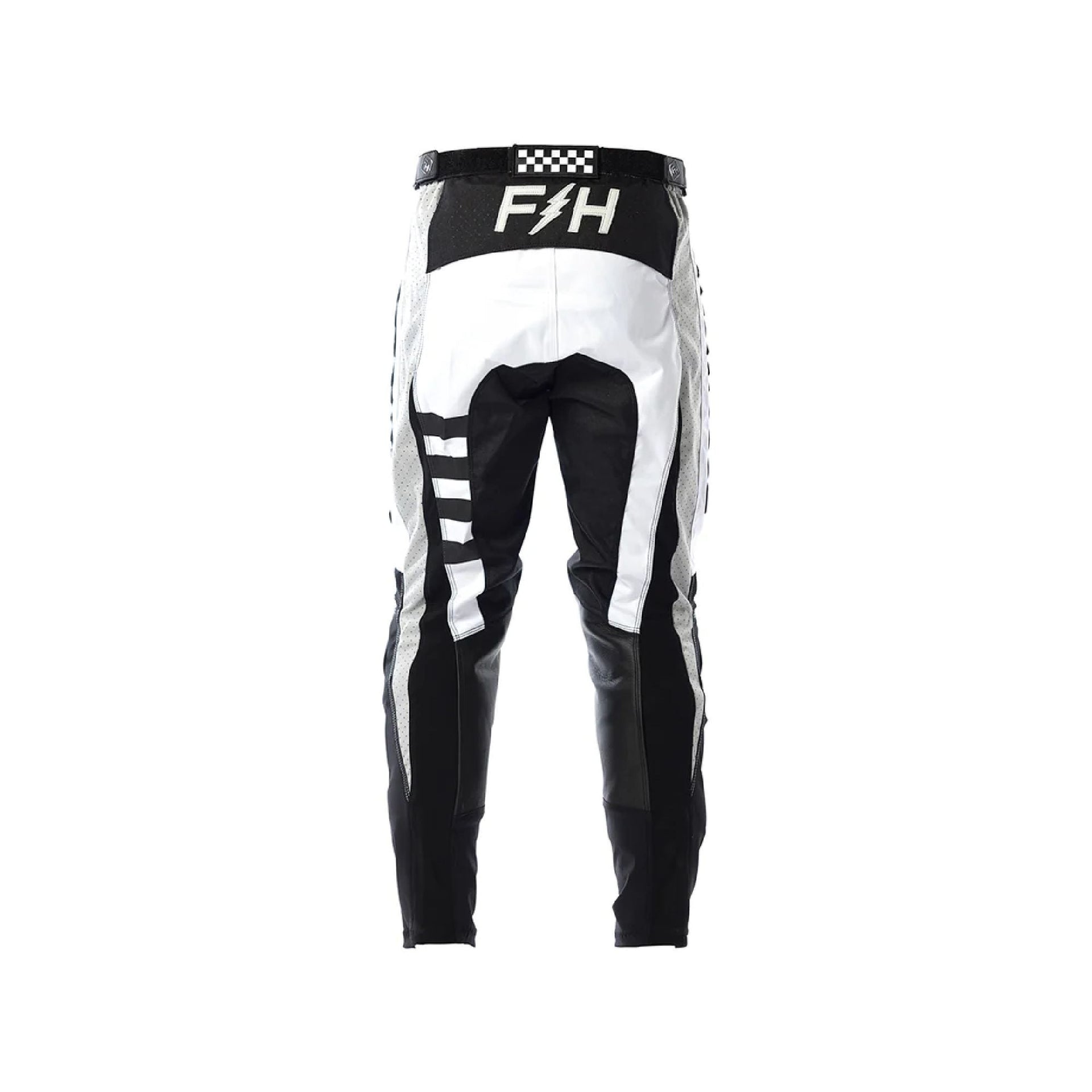 Youth motocross pants, black with white center panel and F/H graphic waistband