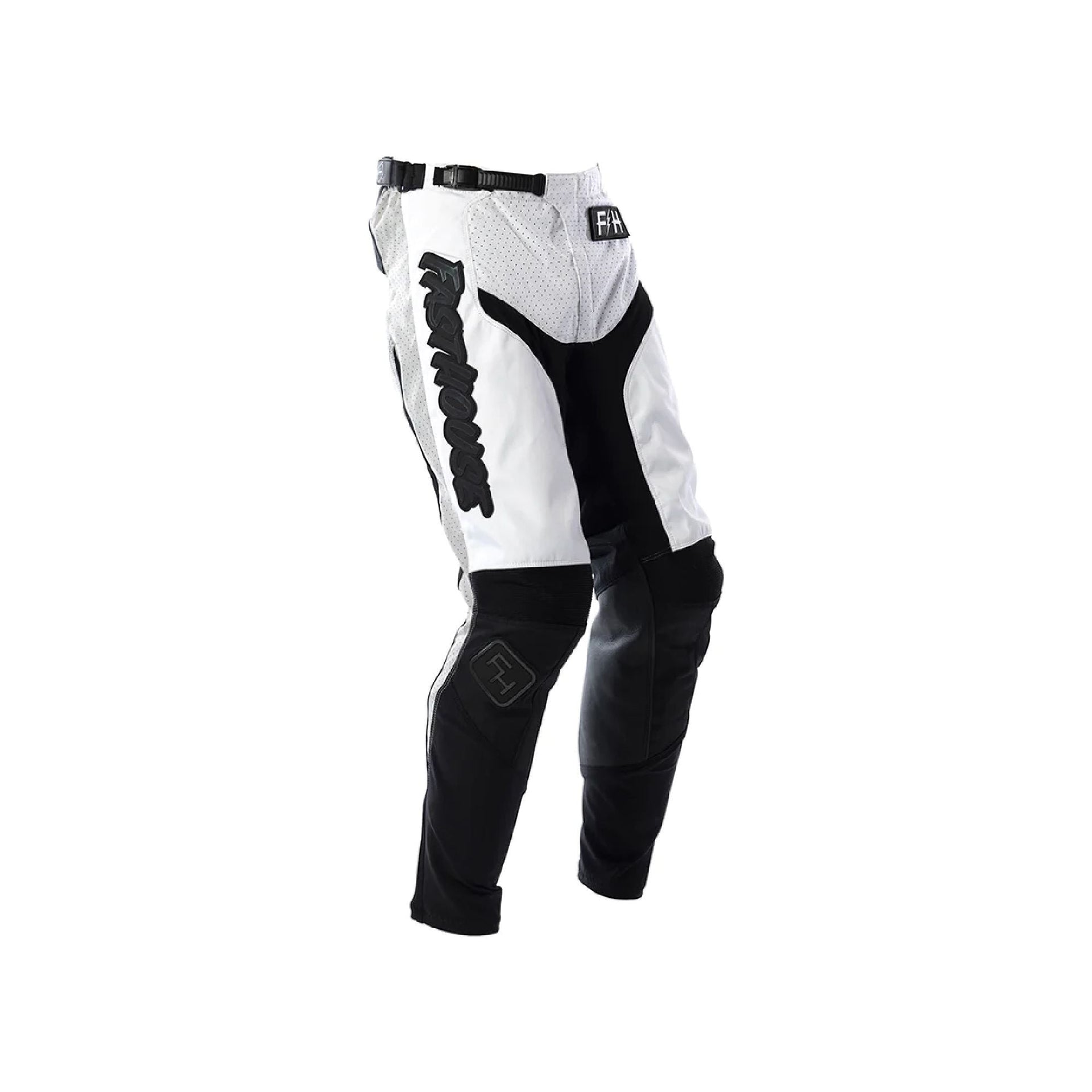 Youth motocross pants, white with black panels and braided knee protection