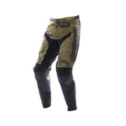 Youth motocross pants in camo and black with padded knee panels, Fasthouse logos.