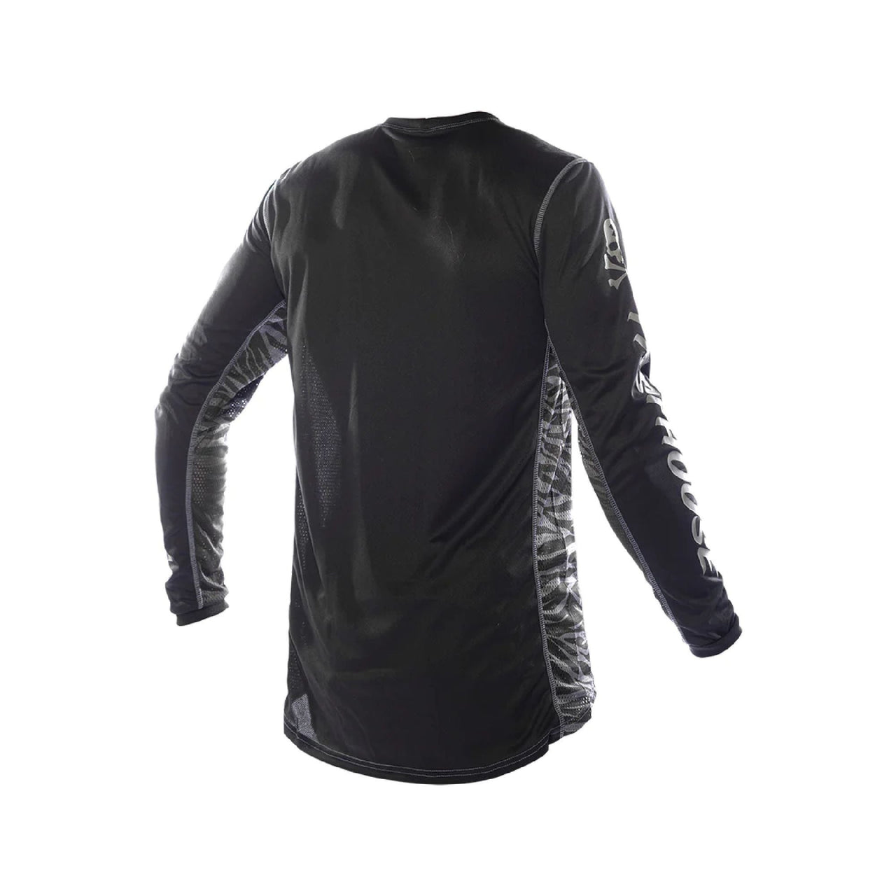 Black youth motocross jersey, long sleeves, back view with side white graphic