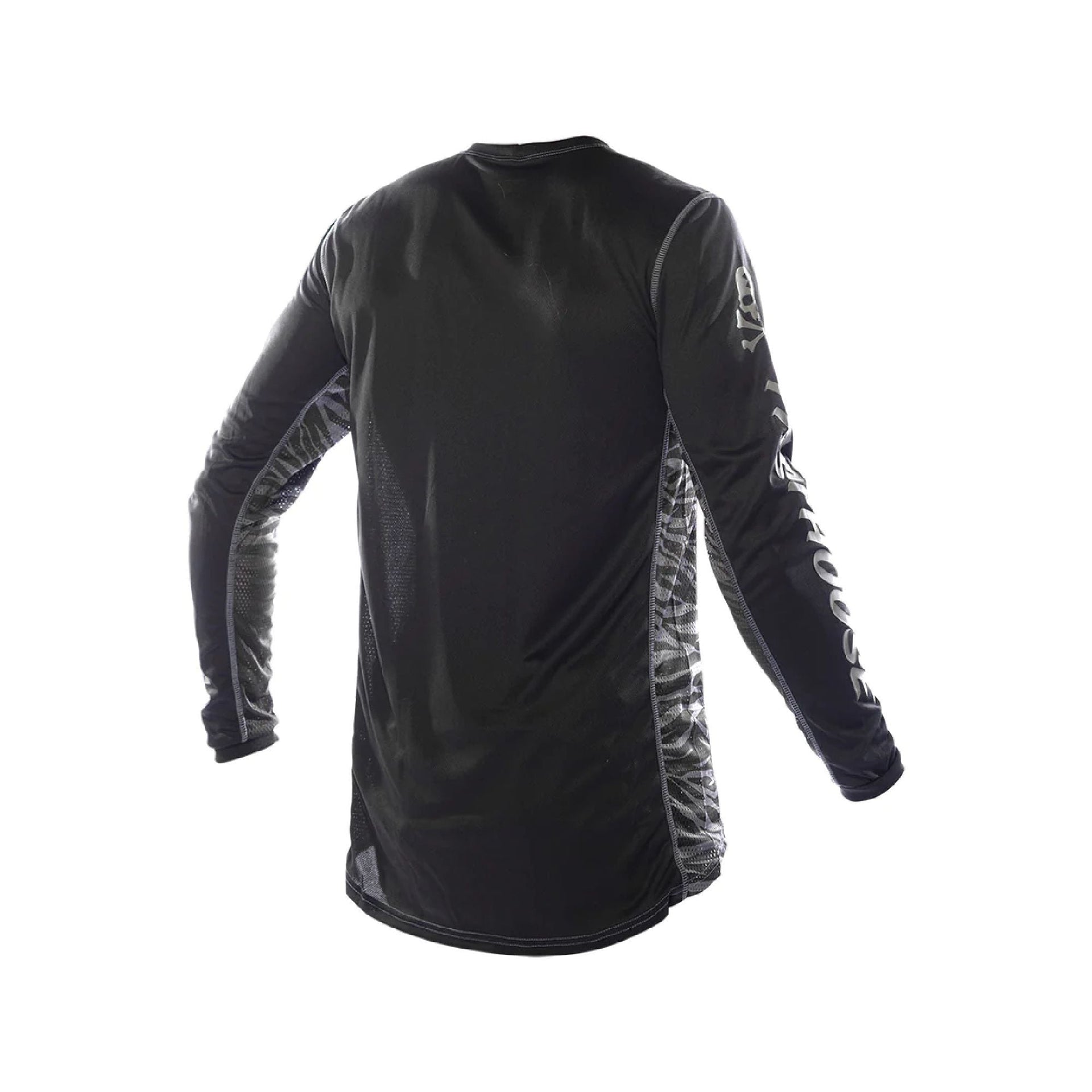 Black youth motocross jersey, long sleeves, back view with side white graphic
