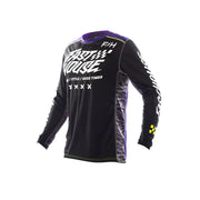 Black youth motocross jersey with purple collar trim and white front graphics