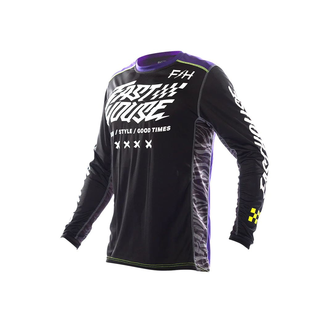 Black youth motocross jersey with purple collar trim and white front graphics