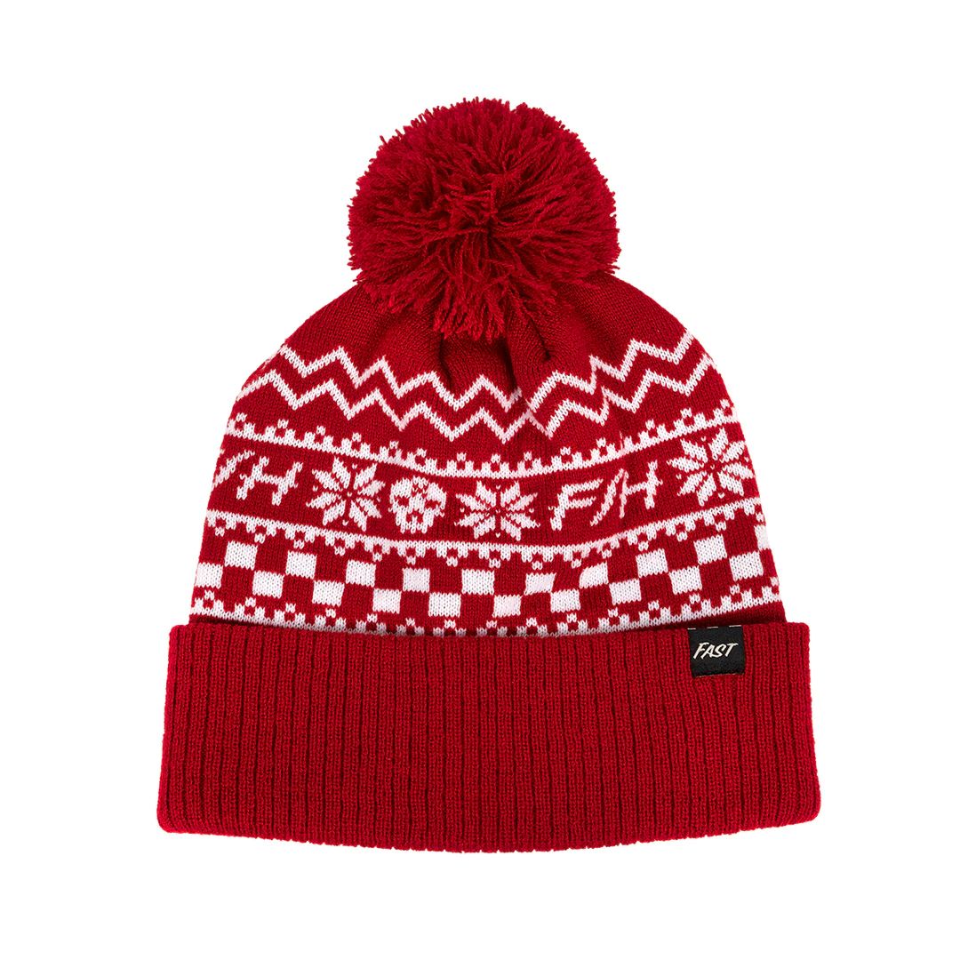 Youth red knit beanie with pom-pom and white Fair Isle pattern, embroidered side patch