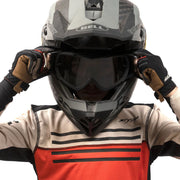 Black and tan youth riding glove with padded fingers and wrist loop detail